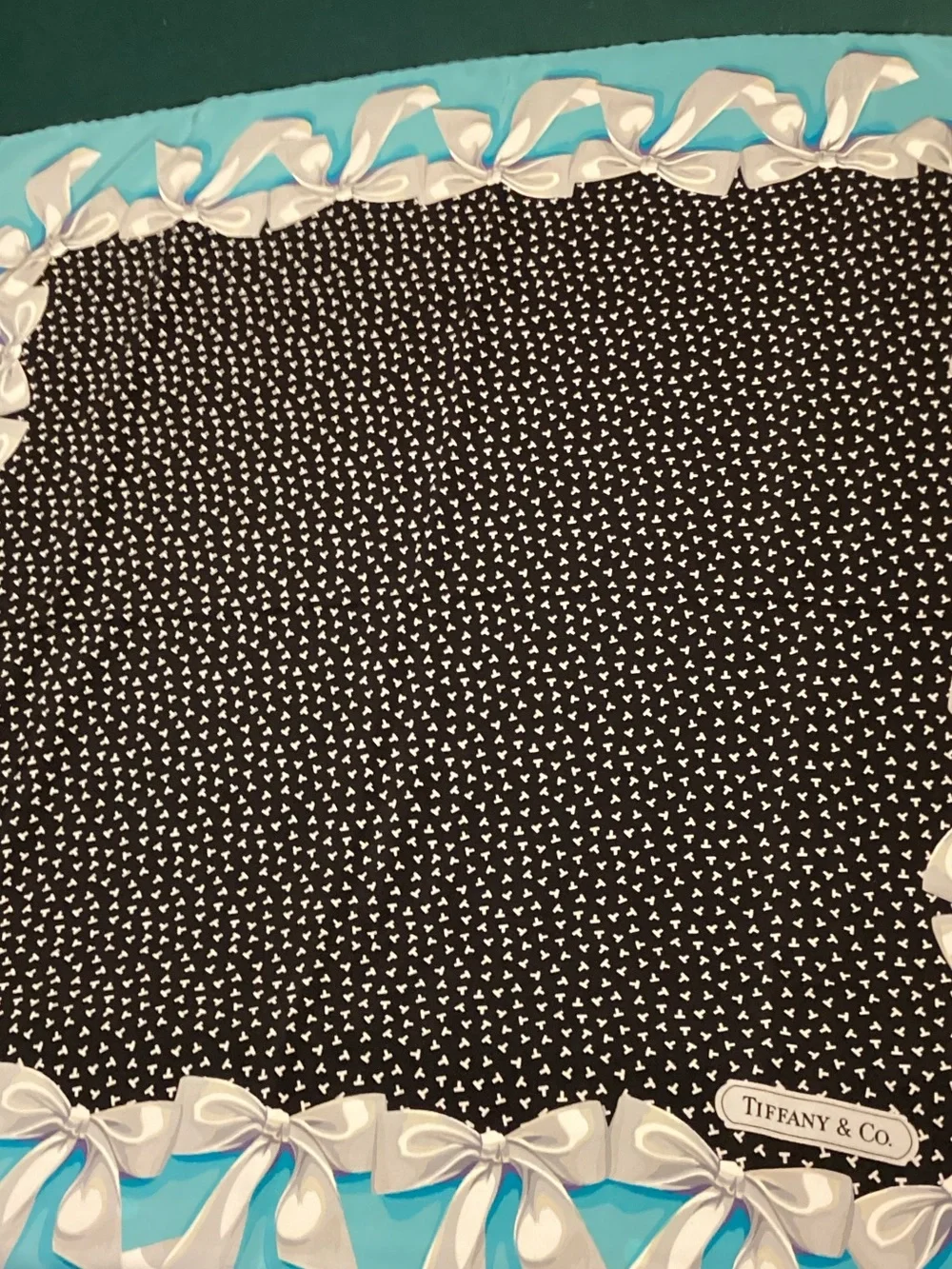 Tiffany & Co. Black Heart Print Scarf with Tiffany Blue Ribbon Border